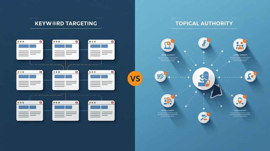 Comparison of isolated keyword targeting and connected topical authority content