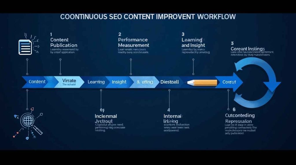 SEO content improvement workflow from publishing and measuring to learning, updating and internal linking